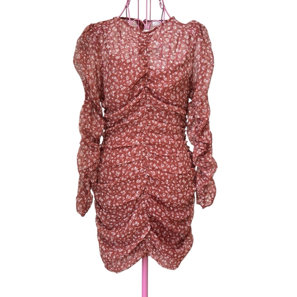New Lush Ruched Mini Dress Women’s Small Ditsy Floral Chiffon Lined Romantic